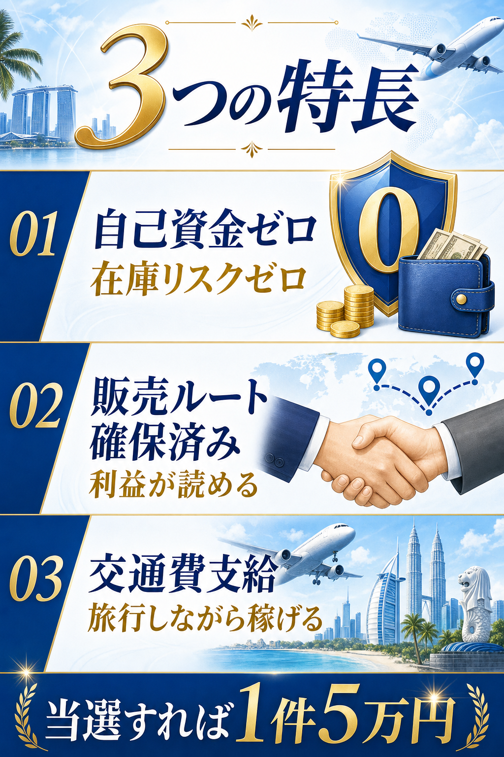 自己資金ゼロ、在庫リスクゼロ、販売ルート確保済み、交通費支給の3つの特長