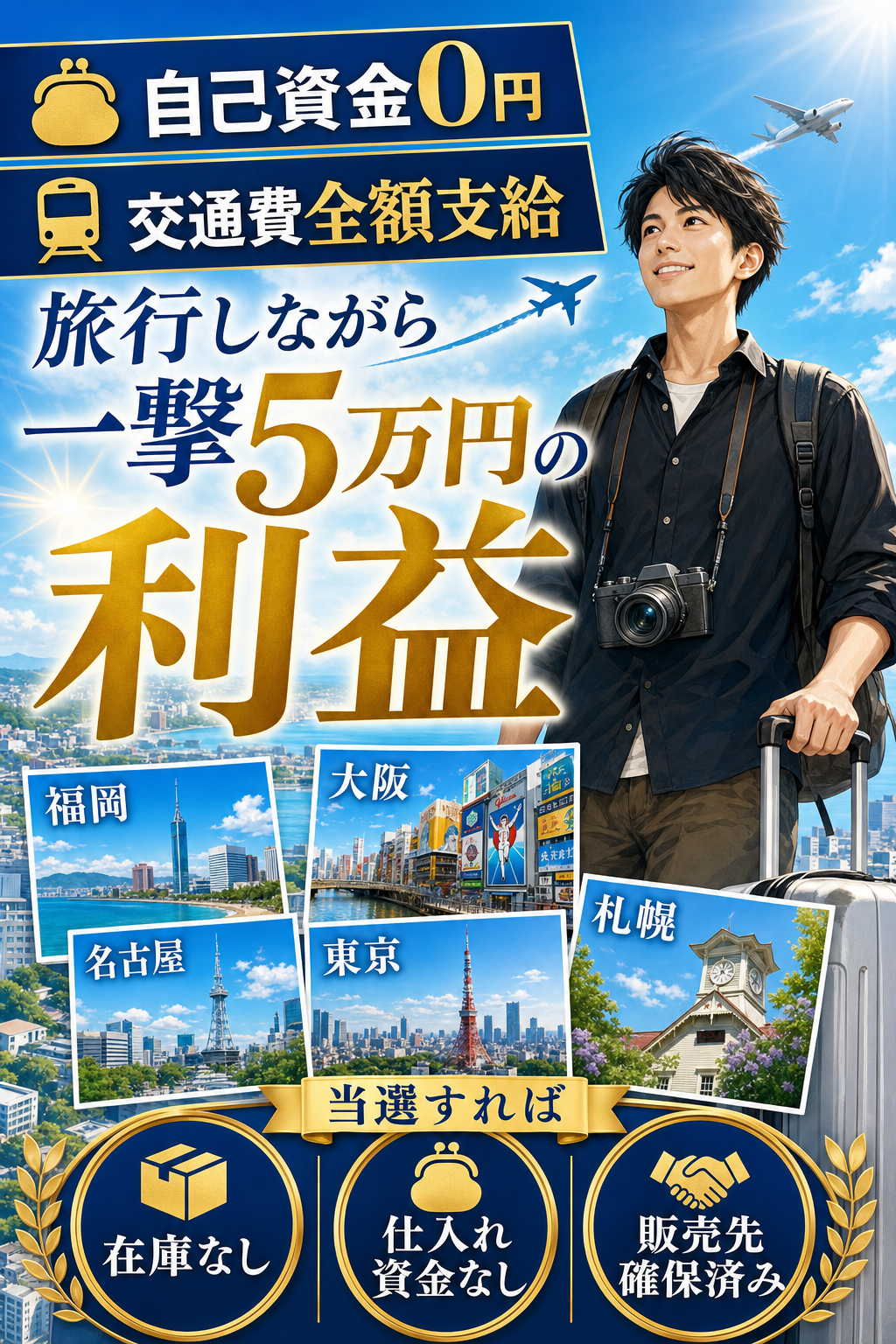 自己資金0円・交通費全額支給・旅行しながら一撃5万円の利益を狙える案件のメインビジュアル