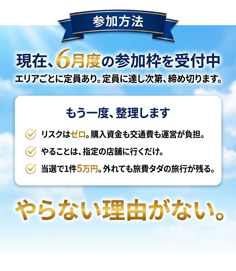 参加方法。6月度の参加枠を受付中。リスクはゼロ。やることは指定の店舗に行くだけ。当選で1件5万円。やらない理由がない。