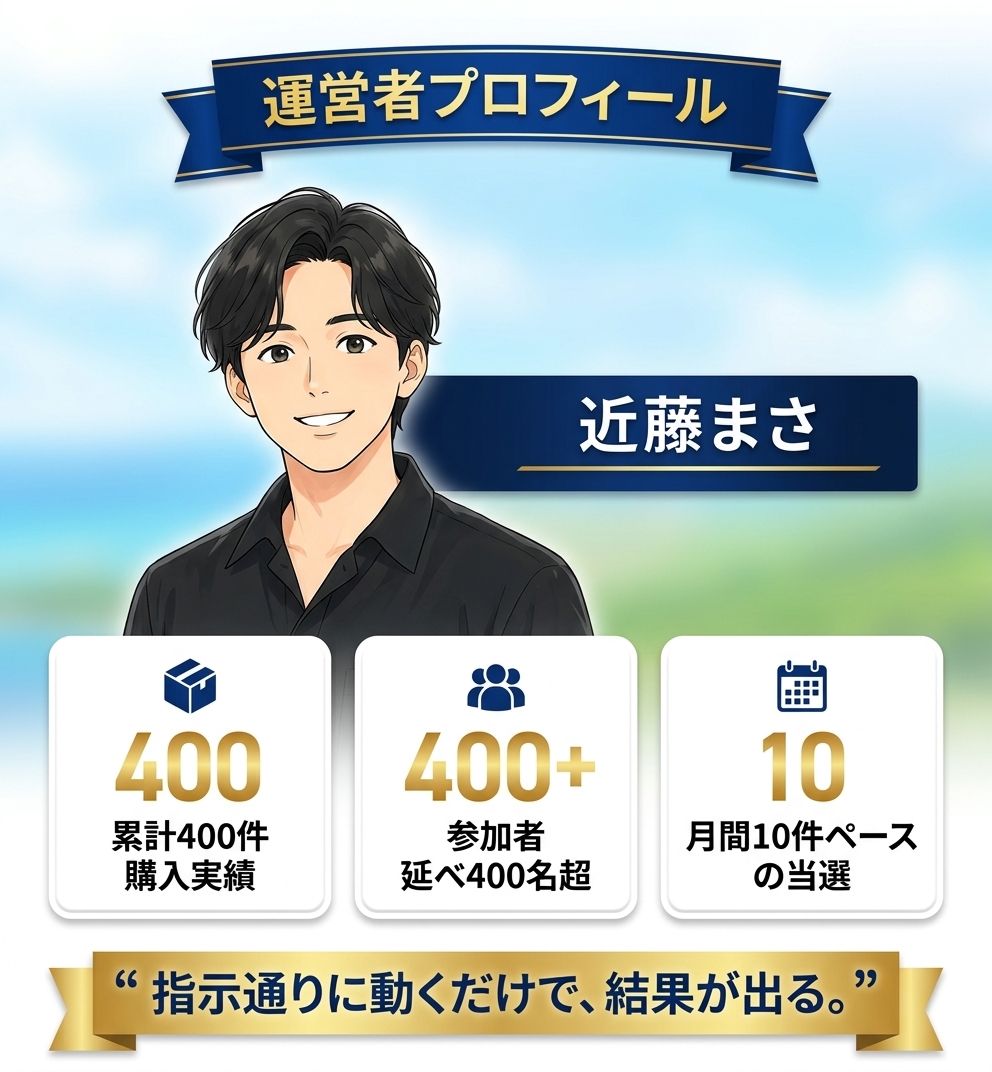 運営者プロフィール。近藤まさ。累計400件の購入実績、参加者延べ400名超、月間10件ペースの当選。