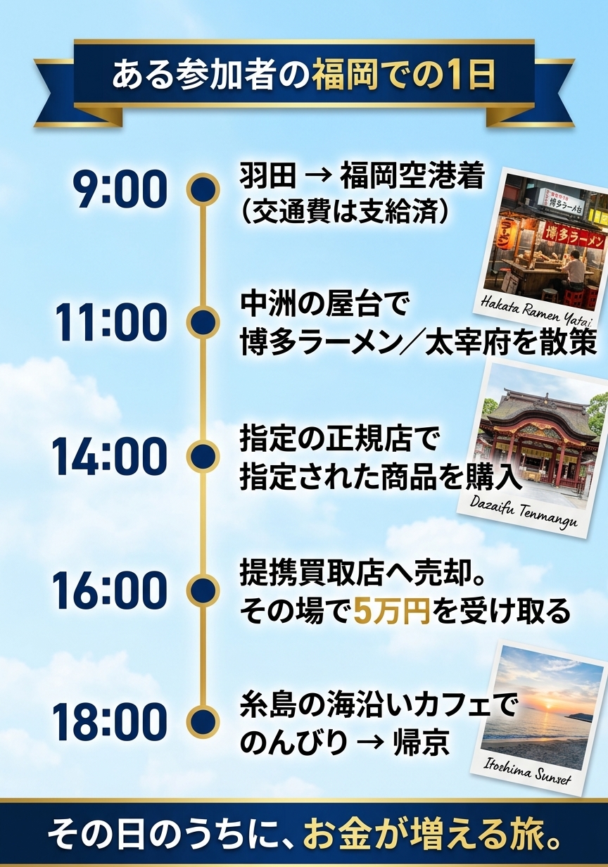 ある参加者の週末・福岡編。旅行を楽しみながら指定の正規店で抽選申込。後日当選すれば5万円の利益。