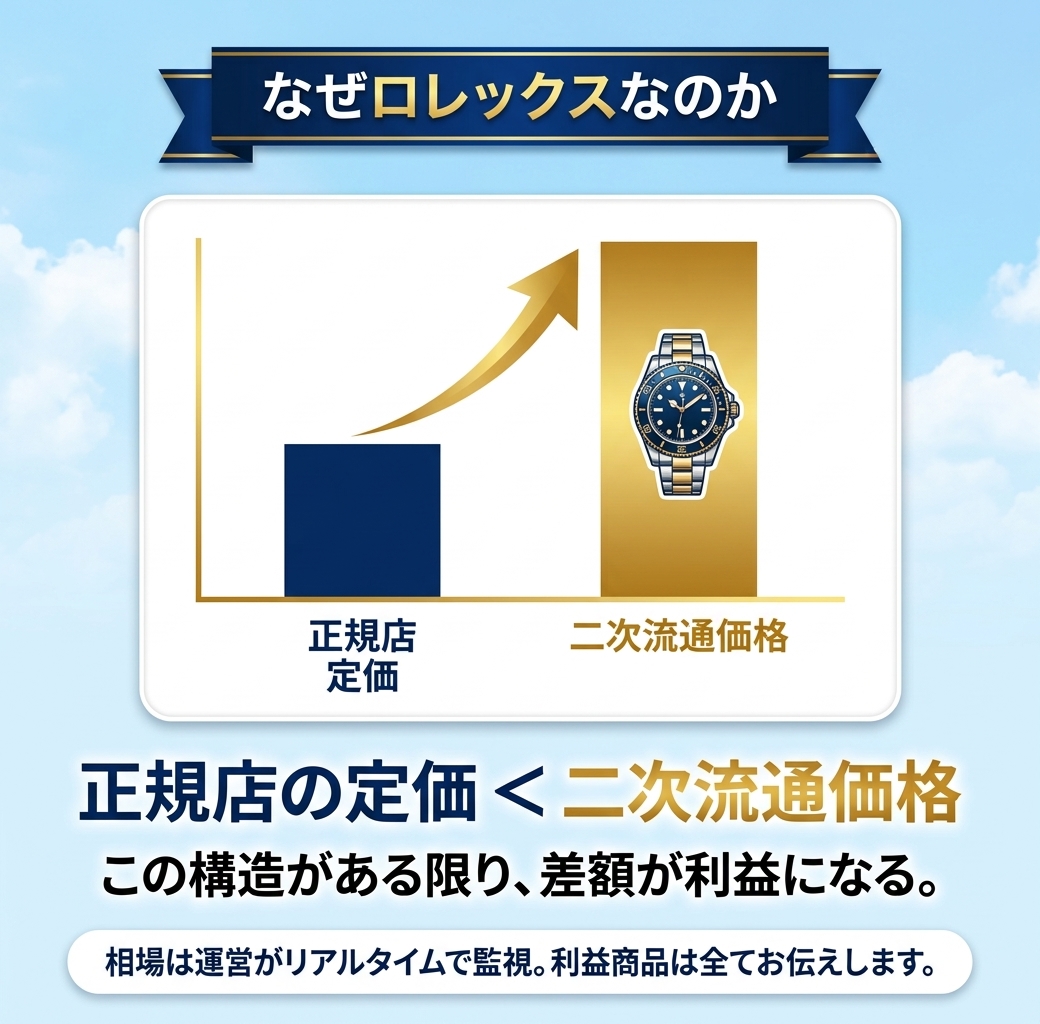 なぜロレックスなのか。正規店の定価＜二次流通価格。この構造がある限り差額が利益になる。